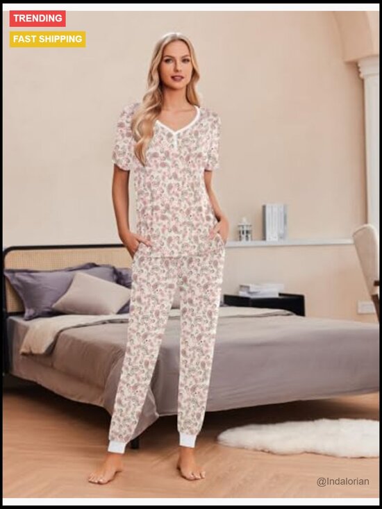 Polyester Spandex Pajama Set with Pockets V-Neck Short Sleeve - Picture 4 of 7